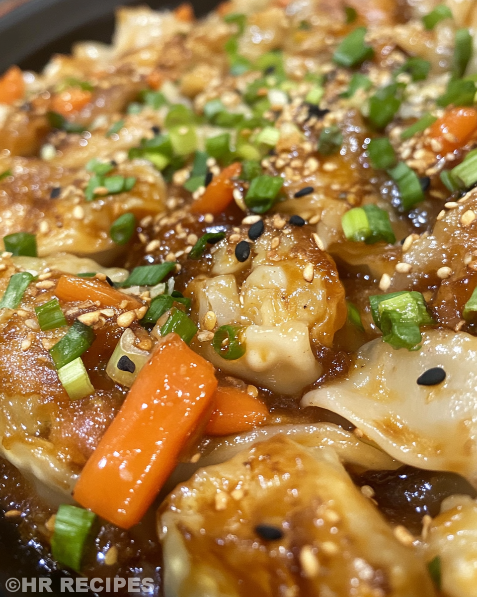 Ingredients for potsticker stir fry including sesame seeds, green onion, and soy sauce