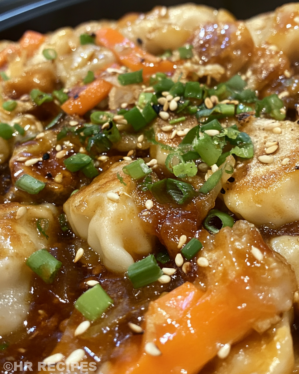 Final plated potsticker stir fry with sesame seeds and green onion garnish