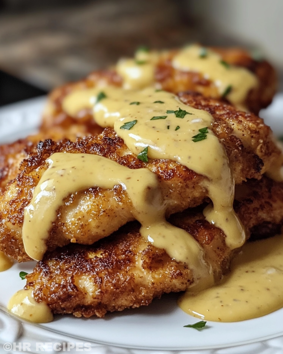 Served pretzel crusted chicken with mustard cheddar sauce and parsley garnish