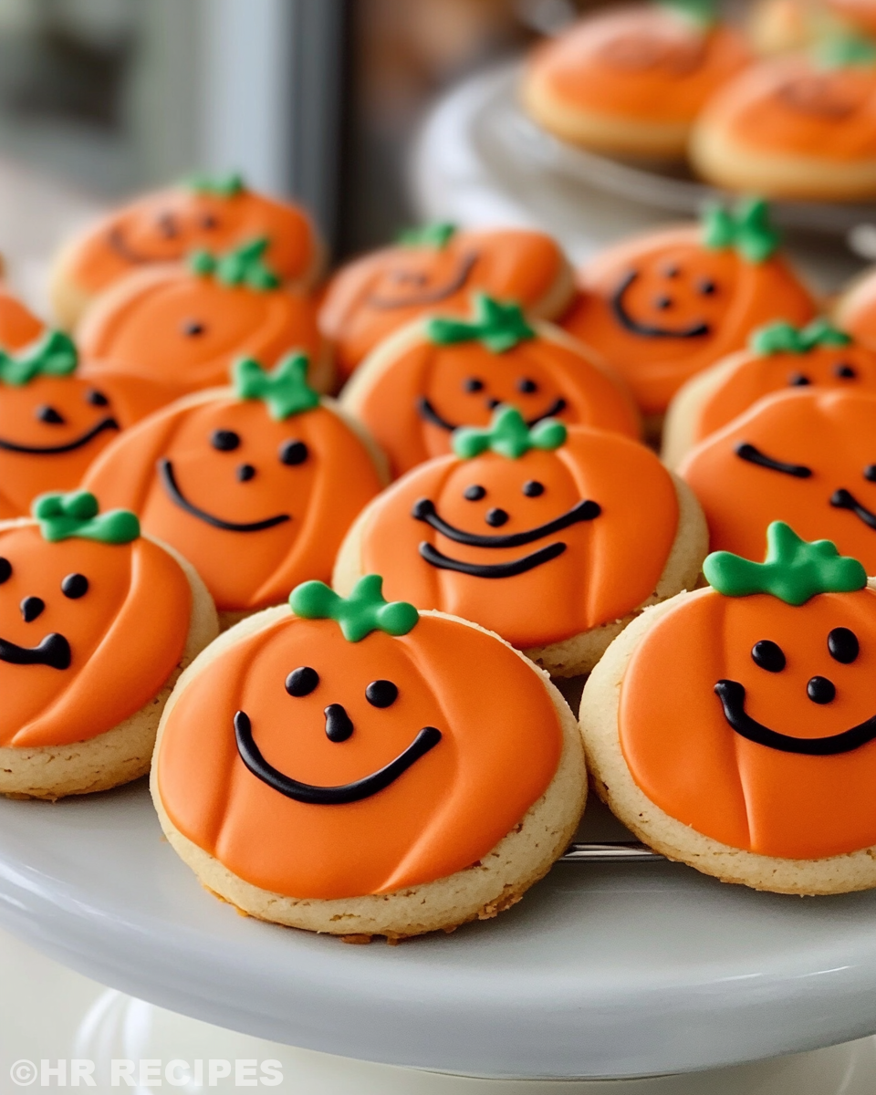 Decorated pumpkin cookies ready to serve