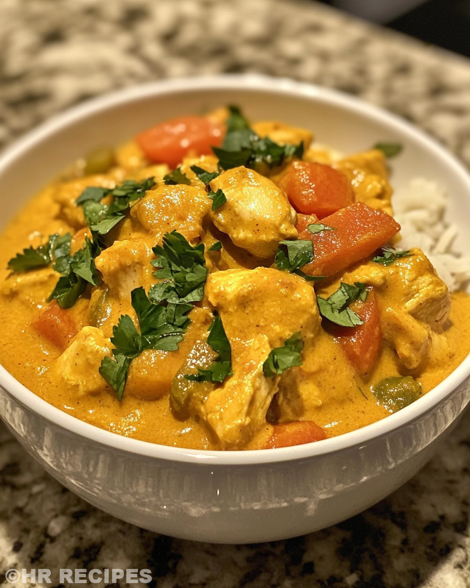 served crockpot coconut curry chicken with crispy shallot basil oil drizzle