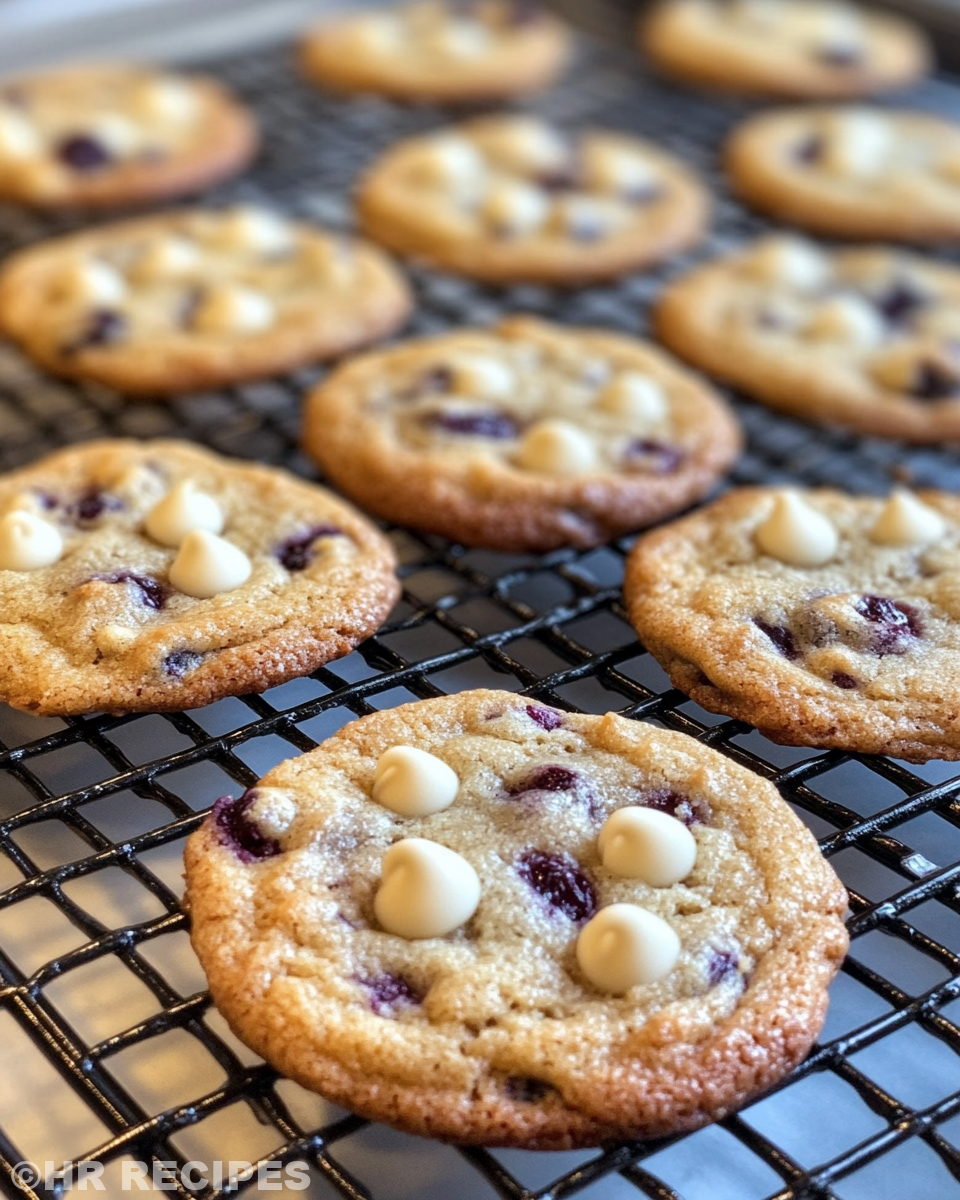 Fresh batch of blueberry white chocolate chip cookies cooling on the kitchen counter