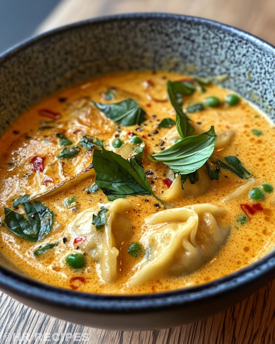Served bowl of quick coconut curry soup with tender dumplings and fresh garnishes