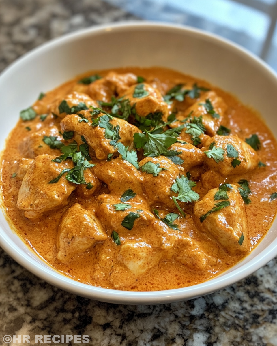 Cooking Butter ChickenNagi in skillet with creamy sauce thickening