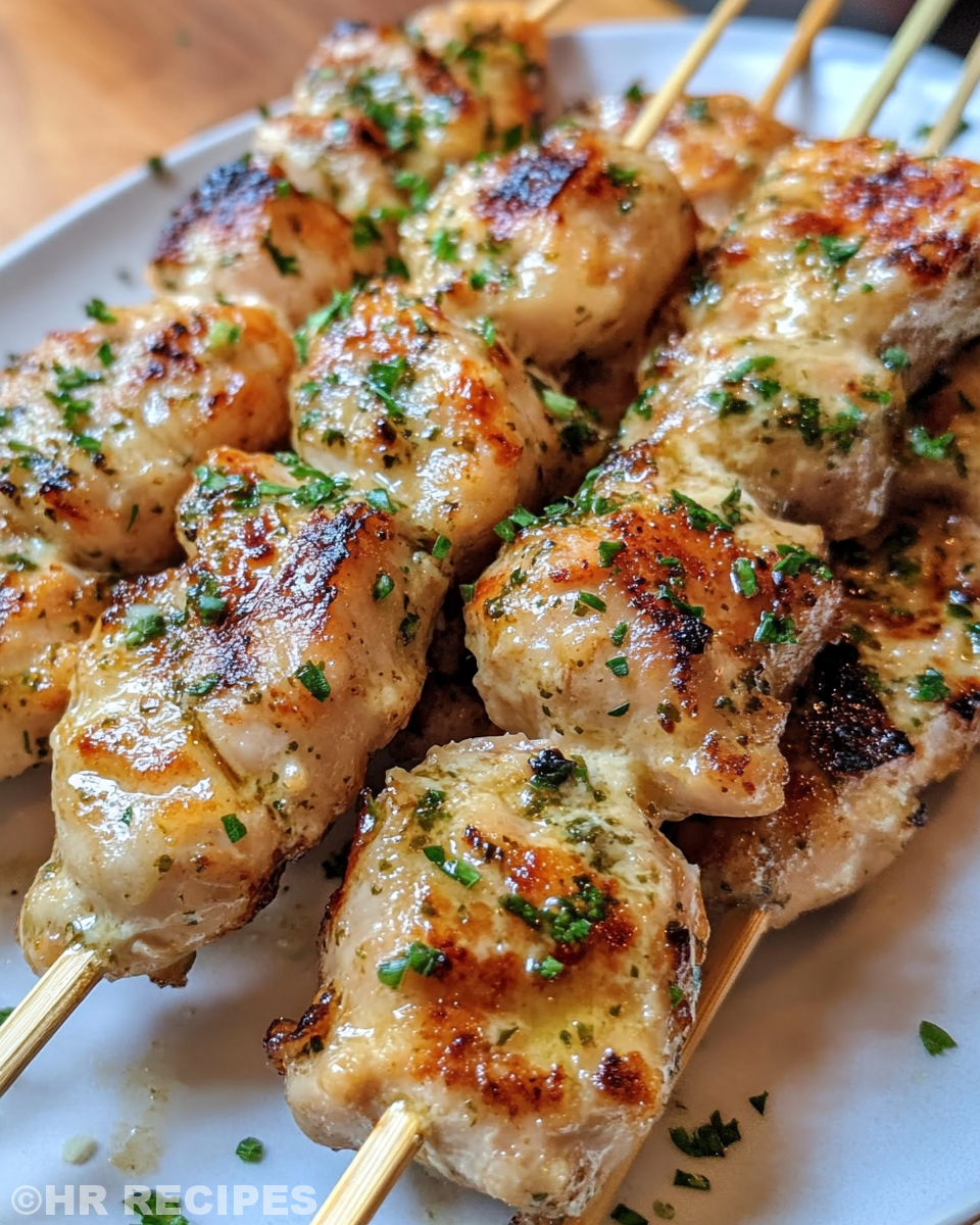 Brushed garlic parmesan butter sauce on chicken skewers before grilling