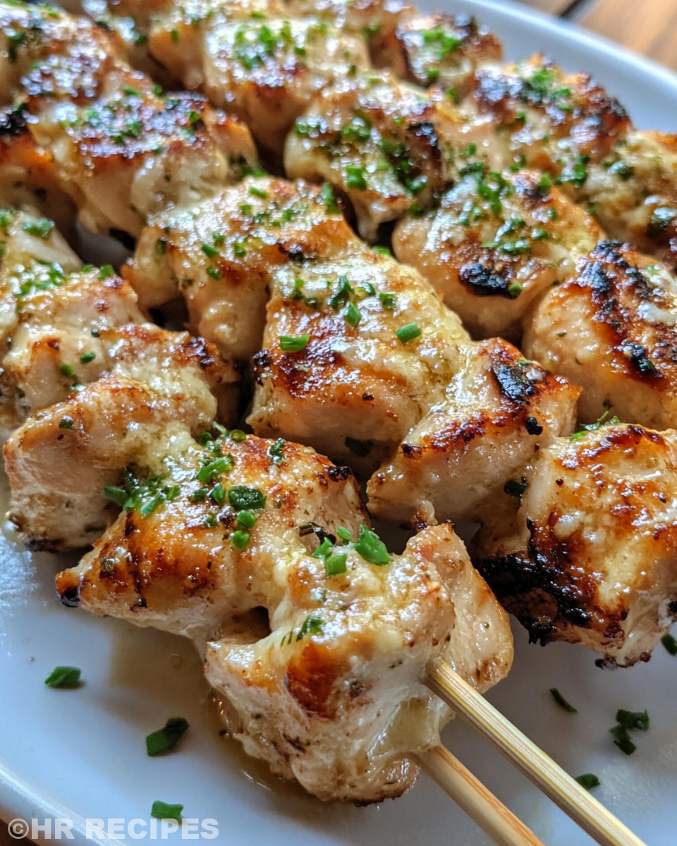 Juicy cooked ranch garlic parmesan chicken skewers plated for serving