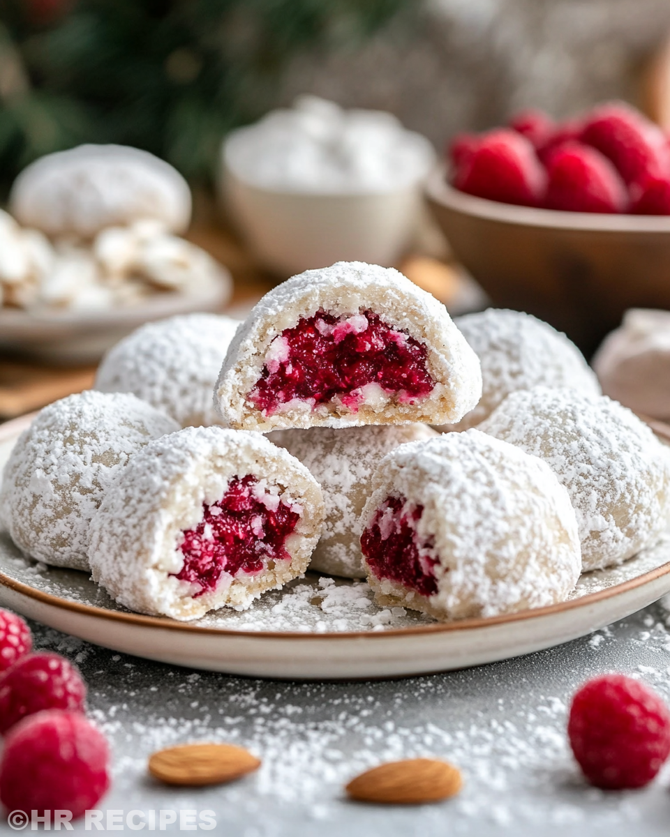 Final plated almond snowball cookies with powdered sugar dusting