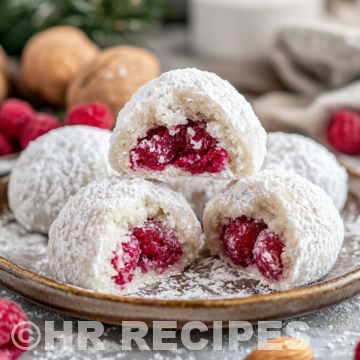 Raspberry Filled Almond Snowball Cookies Almond Cooking Technique taken with iphone 15 pro max --iw 2 --ar 4:5 --v 6.1 --raw
