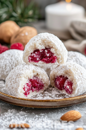 Raspberry Filled Almond Snowball Cookies Almond Cooking Technique taken with iphone 15 pro max --iw 2 --ar 4:5 --v 6.1 --raw