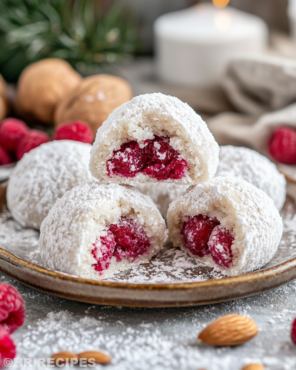 Raspberry filled almond snowball cookies close-up in hands