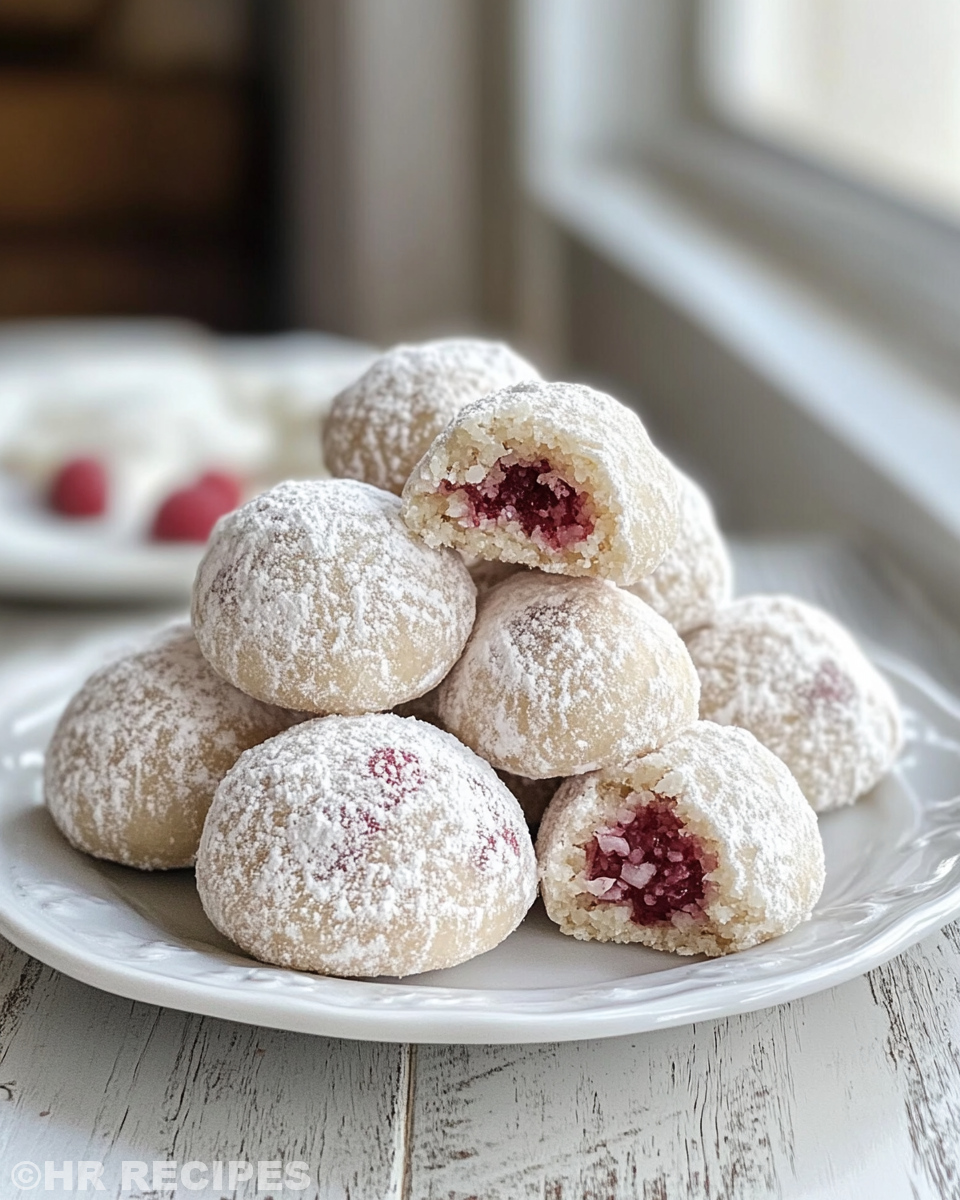 Ingredients and dough process for raspberry almond snowball cookies