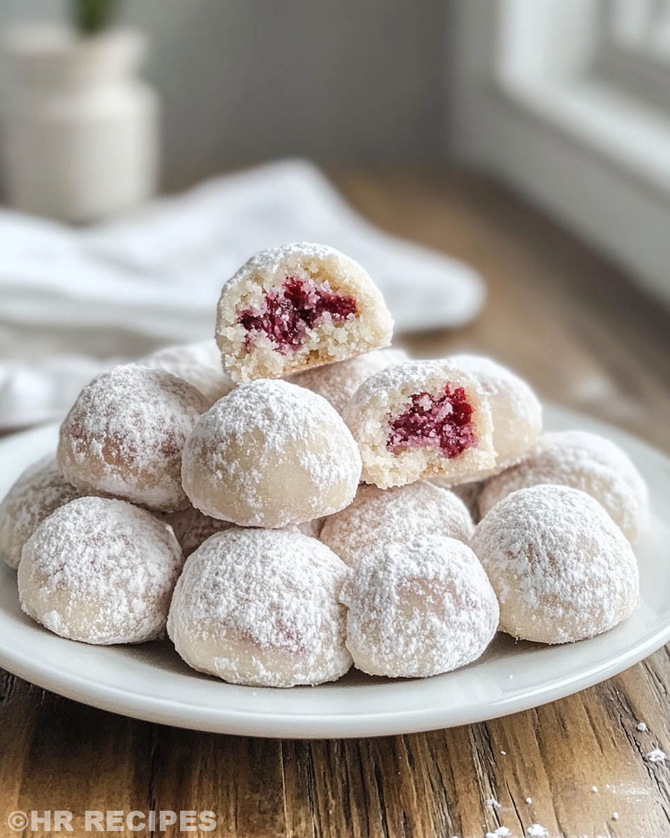 Final serving of raspberry filled almond snowball cookies dusted with powdered sugar