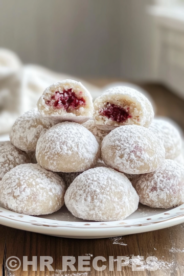 Raspberry Filled Almond Snowball Cookies taken with iphone 15 pro max --iw 2 --ar 4:5 --v 6.1 --raw