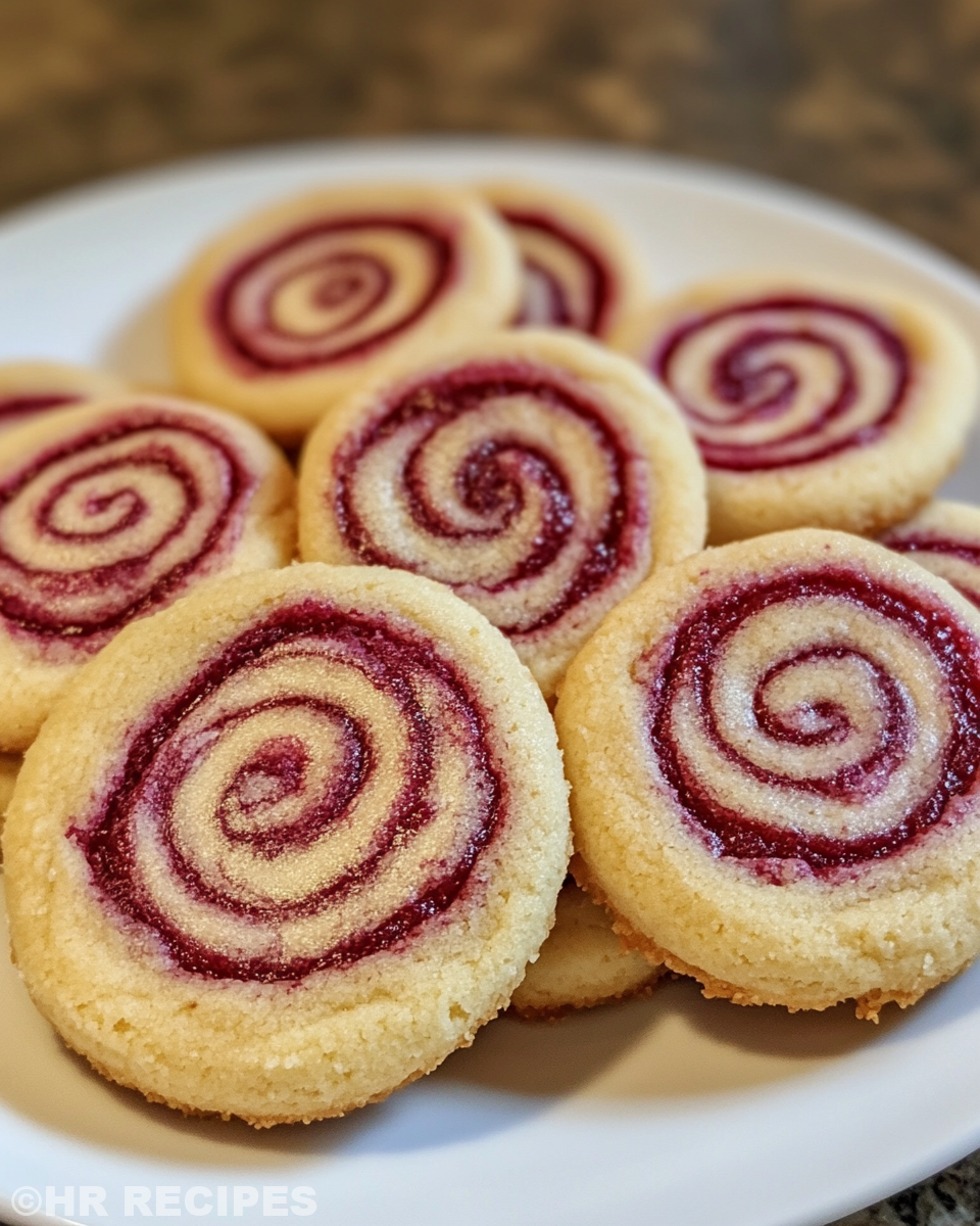 Tray of glazed raspberry swirl shortbread cookies ready for serving