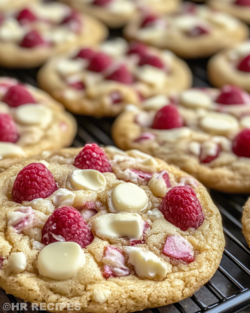 Finished raspberry white chocolate cookies served on a plate ready to enjoy