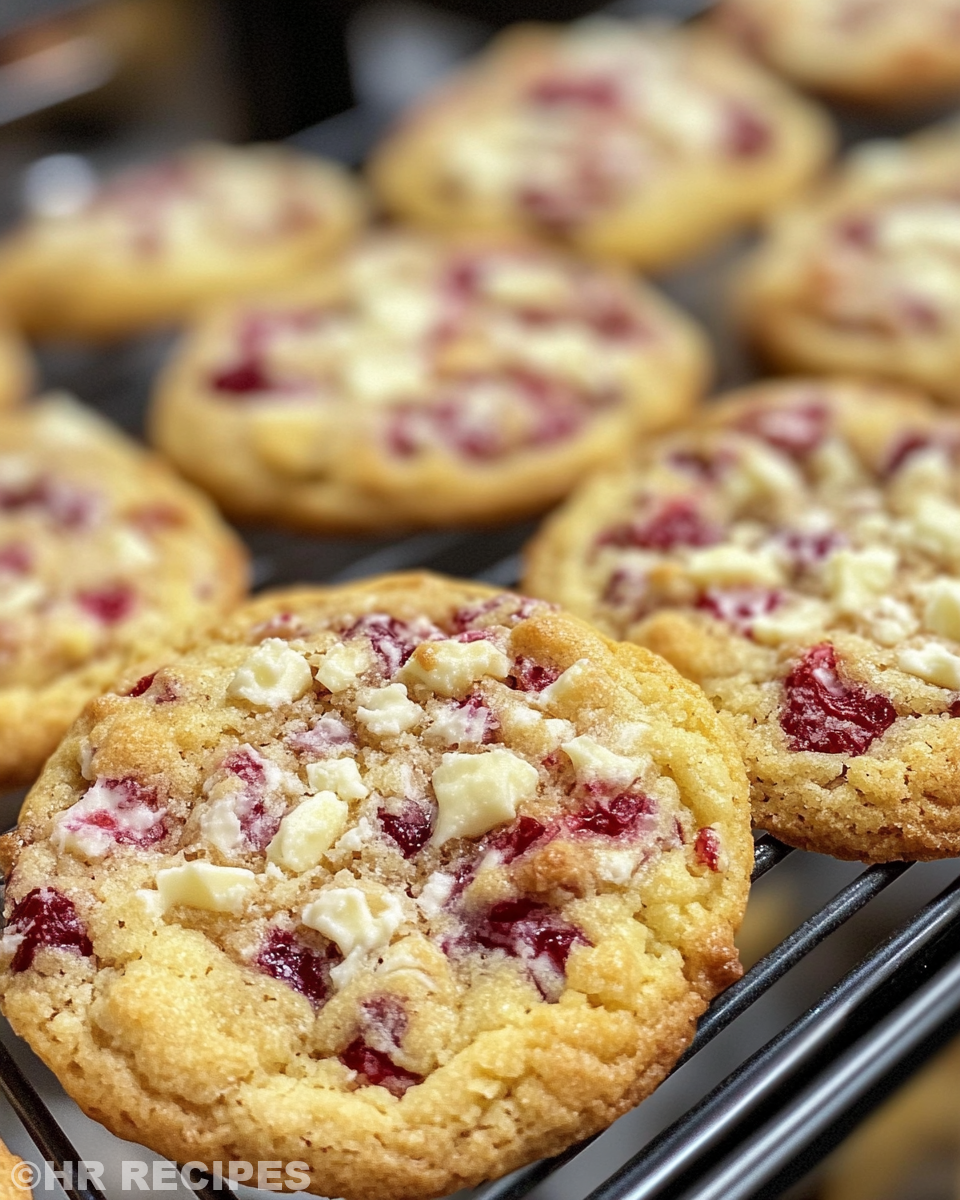 Ingredients for raspberry white chocolate cookies including flour, sugar, butter, eggs, vanilla, raspberries and white chocolate