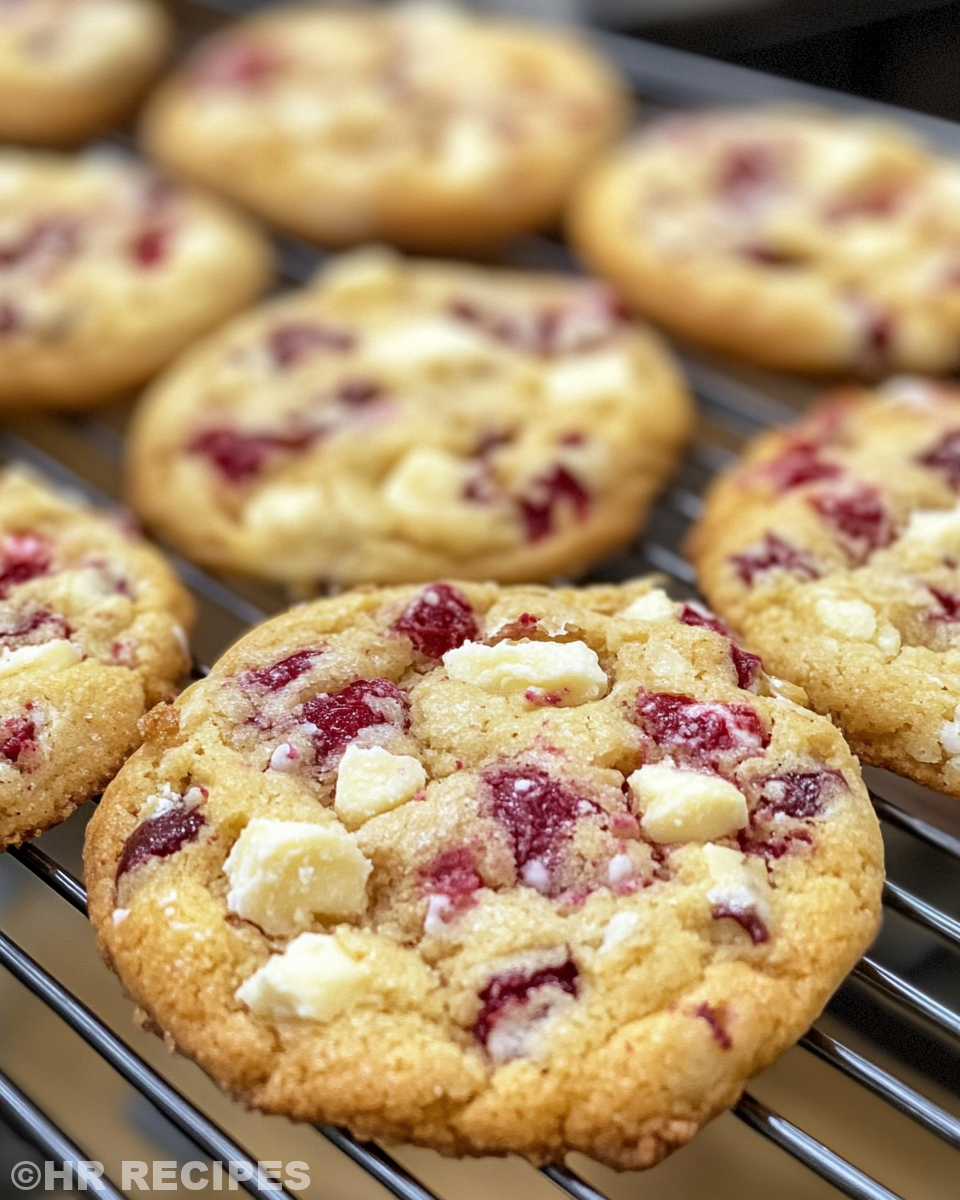 Close-up of finished raspberry white chocolate cookies cooling after baking