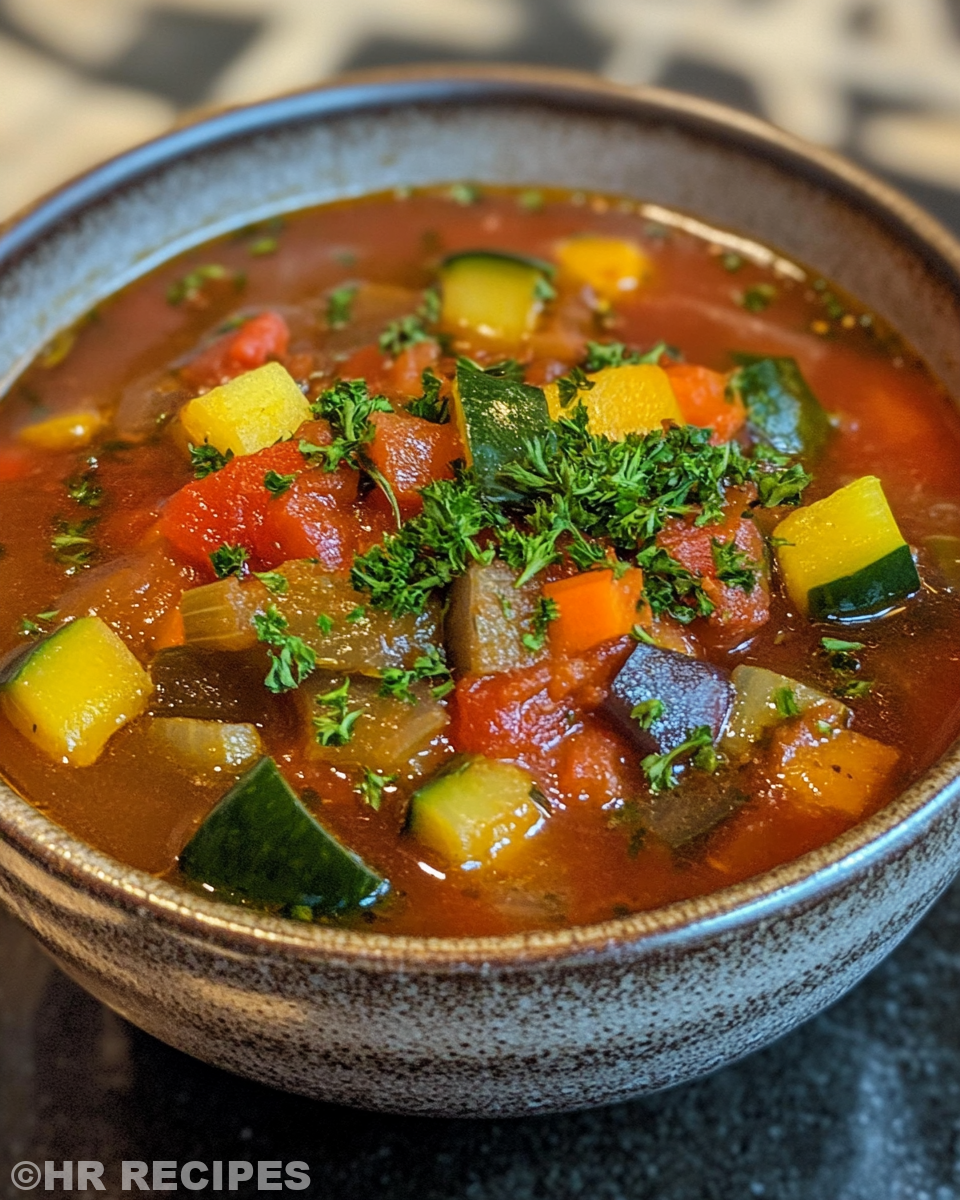 Final serving of creamy ratatouille soup garnished with fresh herbs