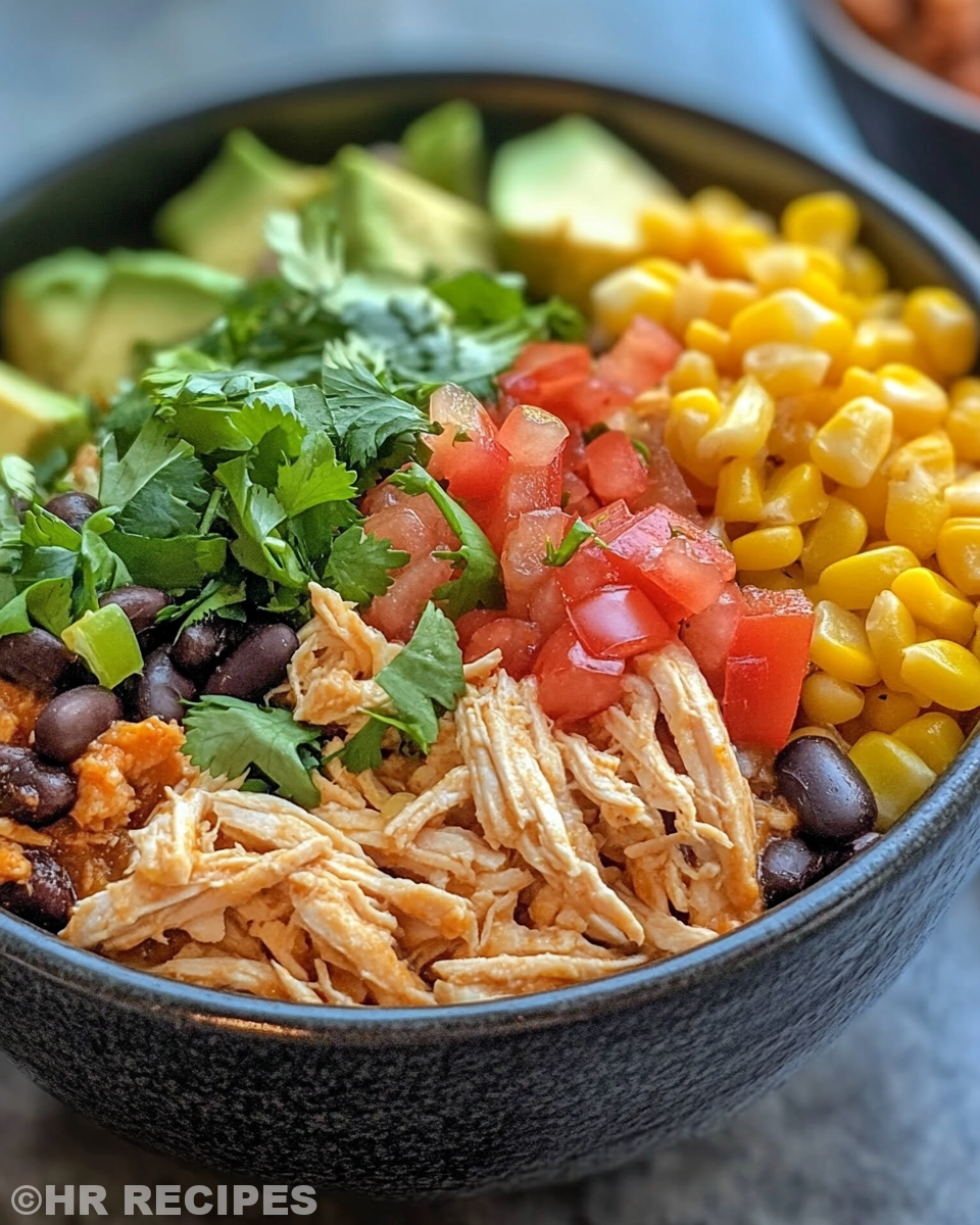 Steam rising from slow cooker filled with chicken burrito bowl ingredients