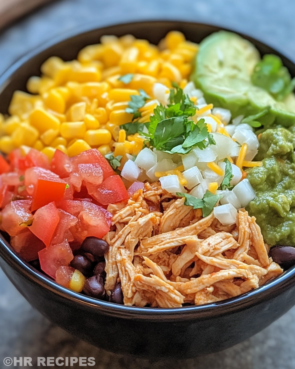 Plated slow cooker chicken burrito bowl garnished with avocado and cheese