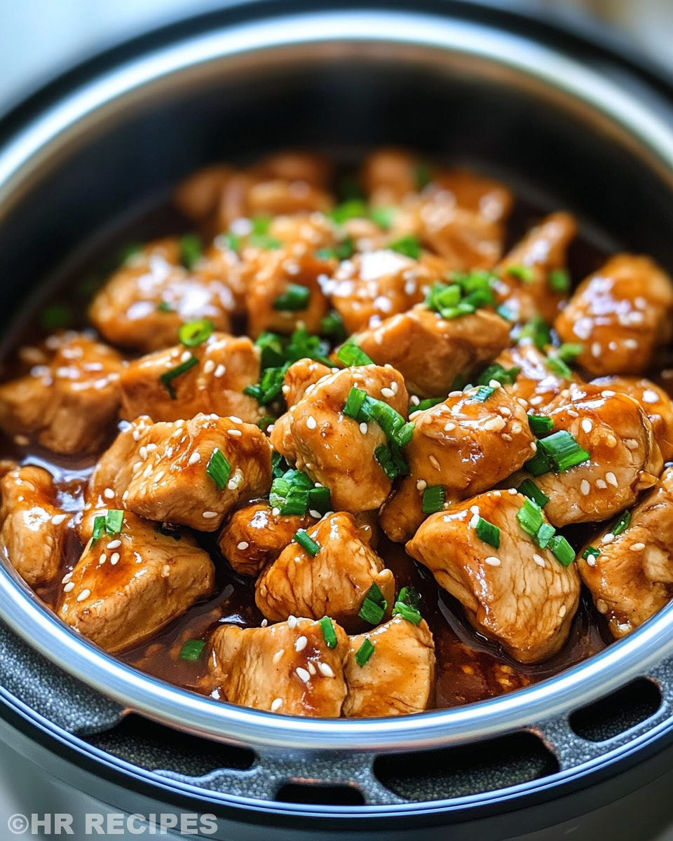 Plate of slow cooker honey teriyaki chicken served with rice and garnished with scallions