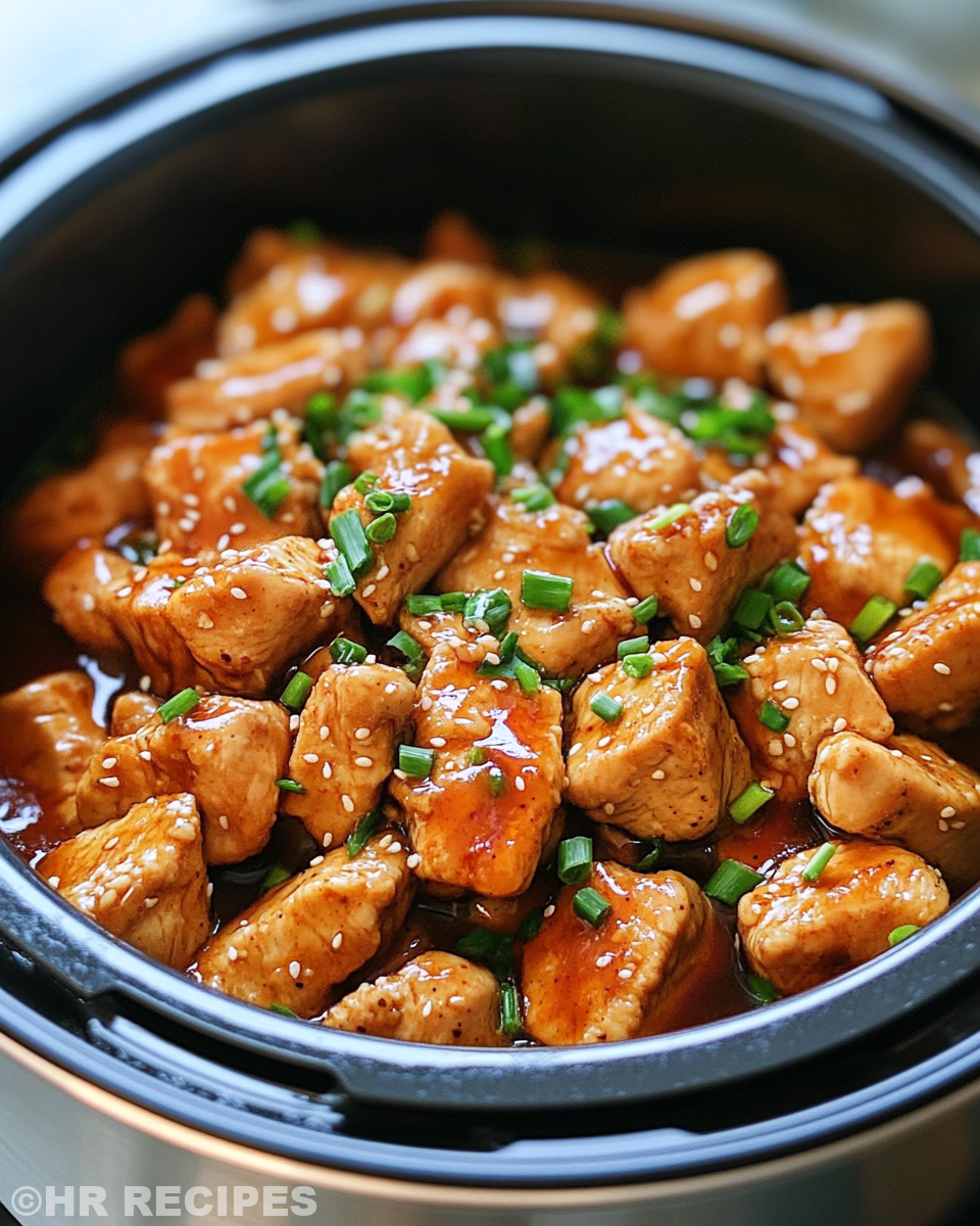 Slow cooker honey teriyaki chicken beginning to steam inside cooker