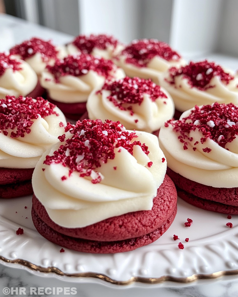 Freshly baked red velvet blossoms cookies with melty Hershey's Kisses