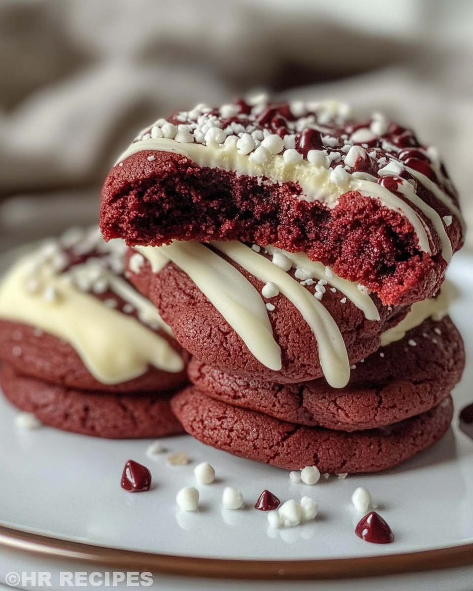 Close up of freshly baked red velvet chocolate chip cookies in the kitchen