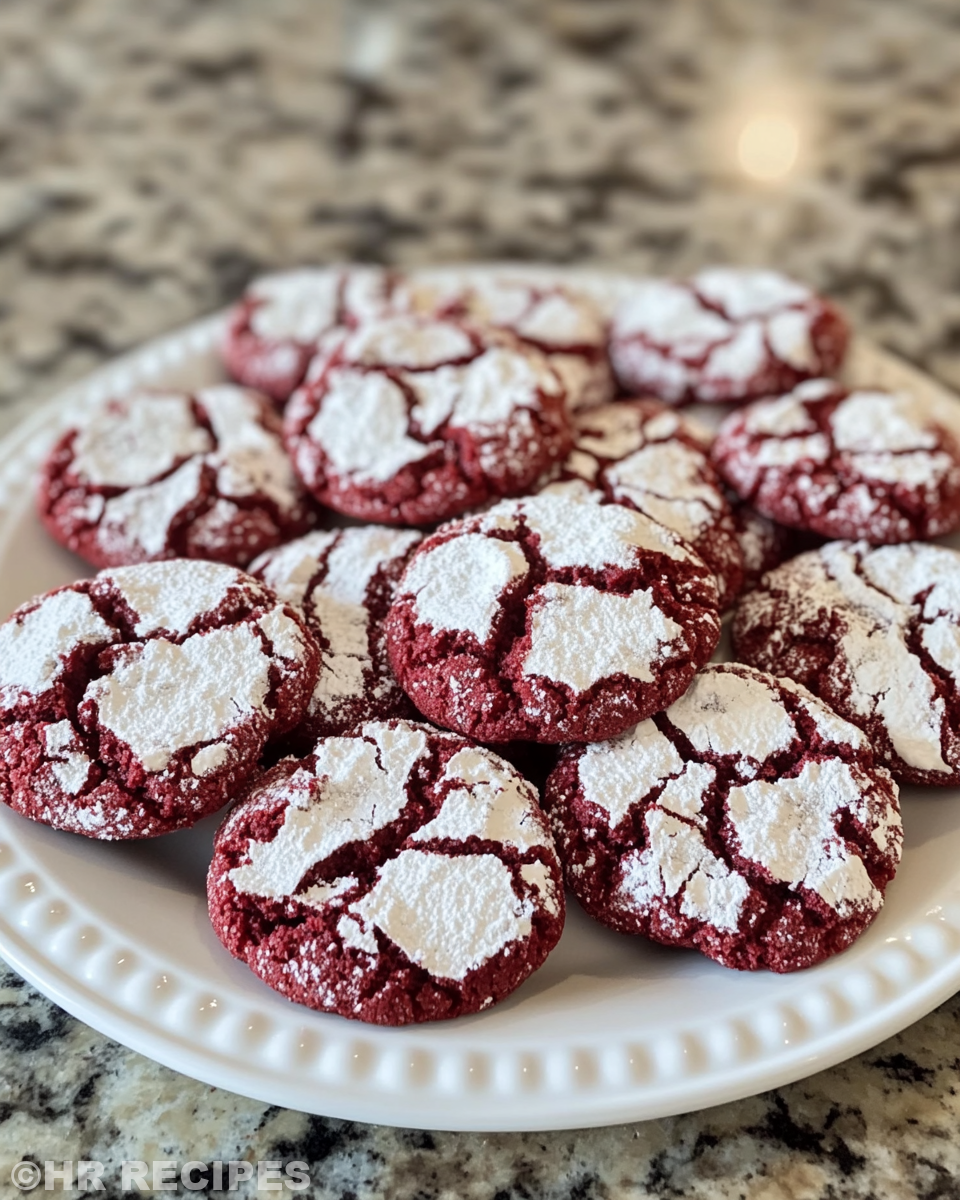 Freshly baked red velvet crinkle cookies plated ready to serve