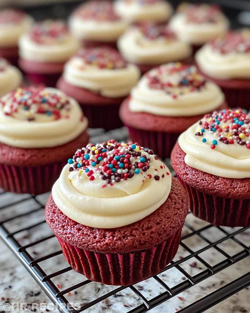 Finished red velvet cupcake cookie sandwiches served on plate