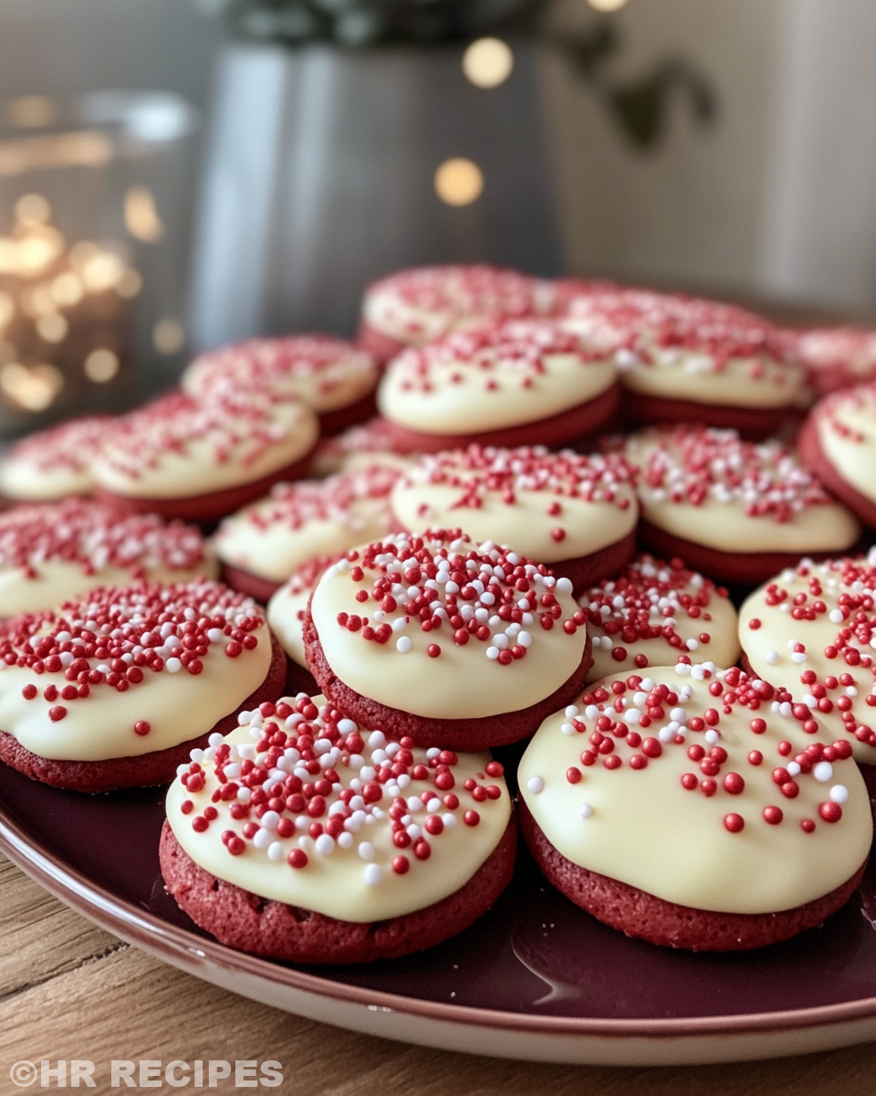 Freshly baked and iced Red Velvet Koekjes on cooling rack