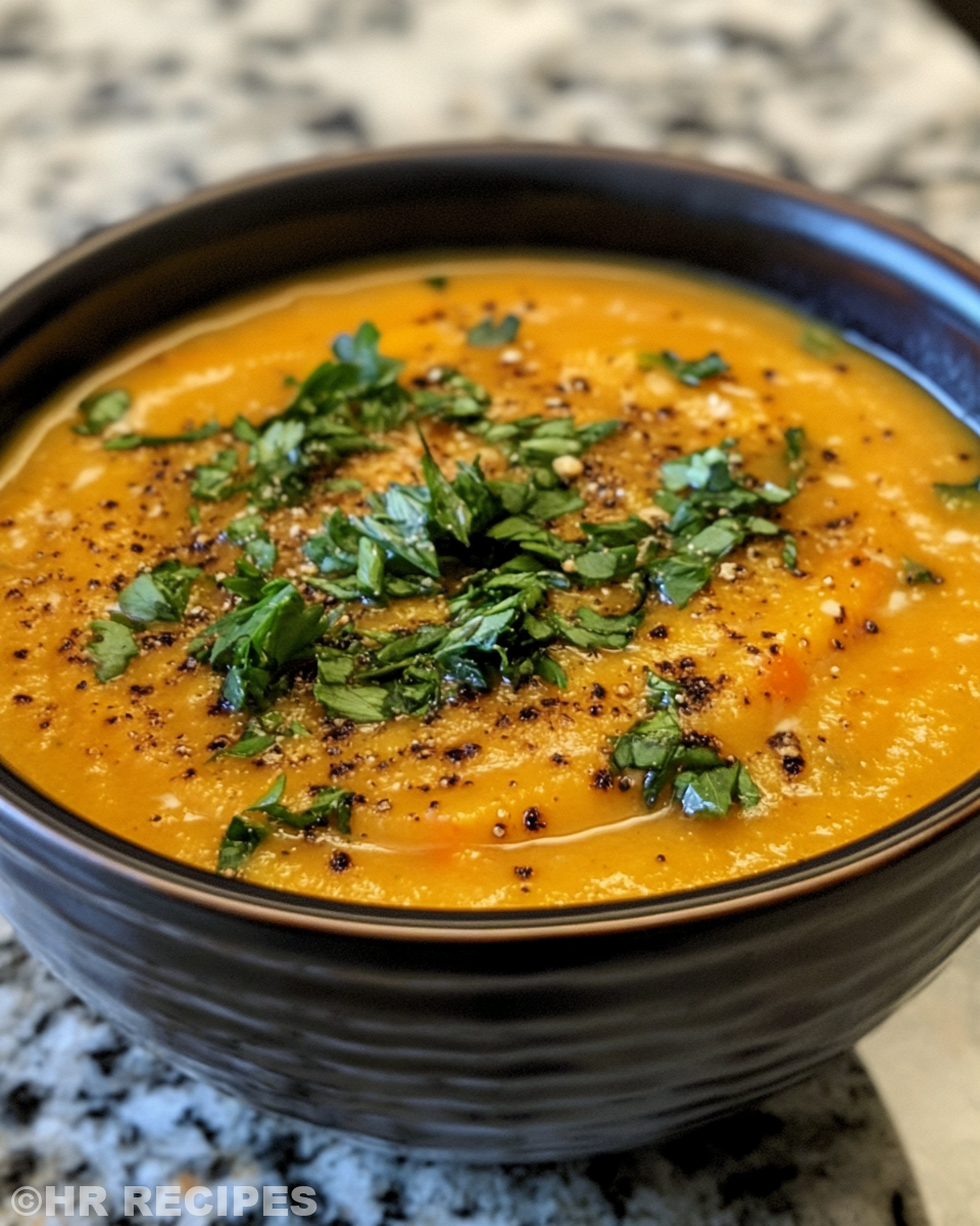 Creamy roasted vegetable soup served in bowl