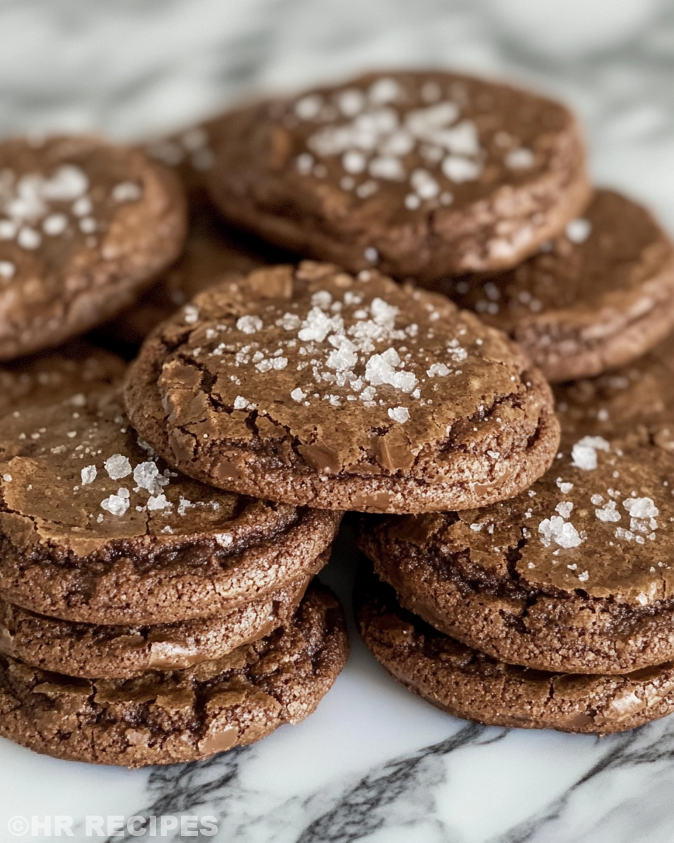 Ingredients for salted brownie cookies including cocoa and chocolate chips
