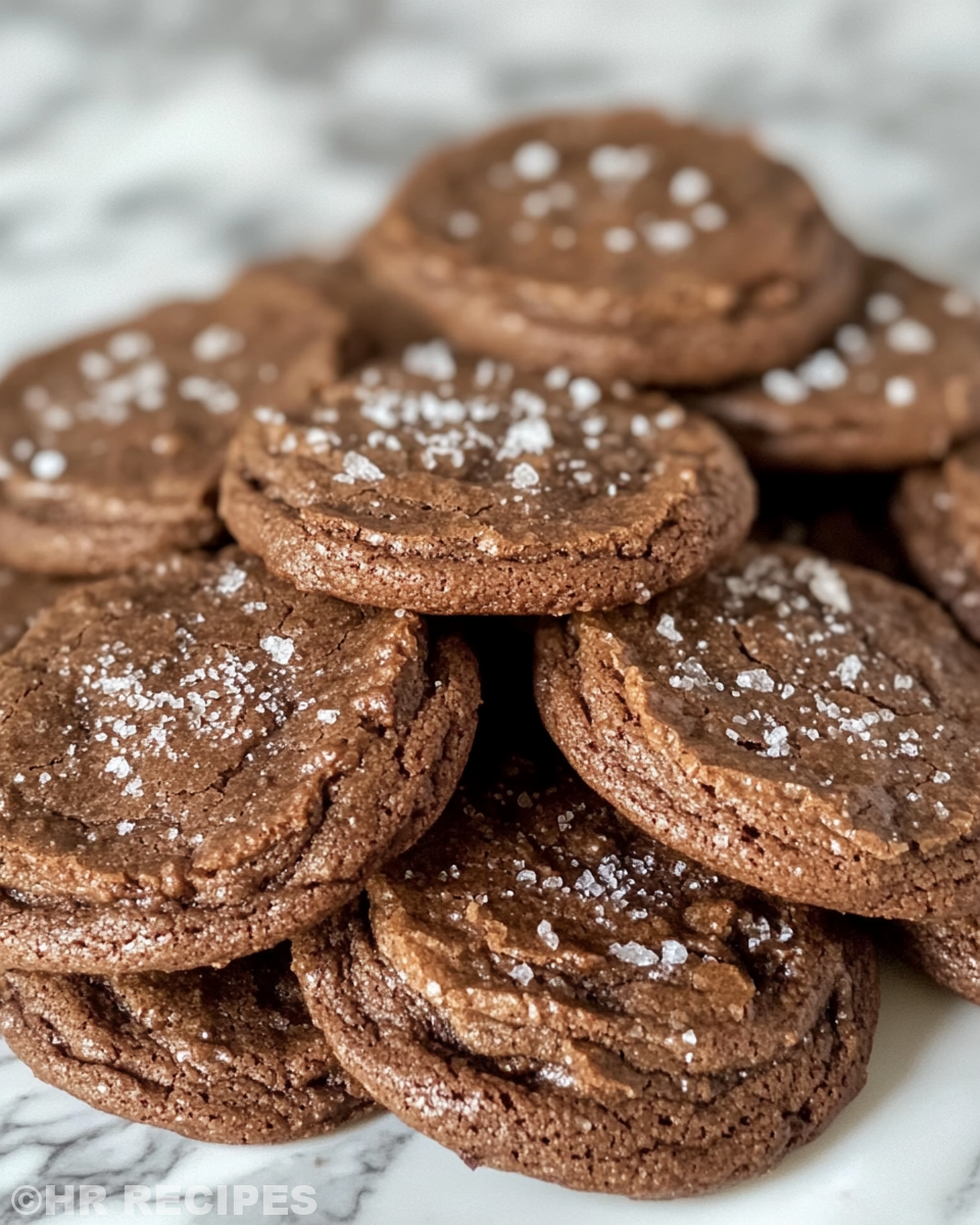 Freshly baked salted brownie cookies with flaky salt on top cooling on rack