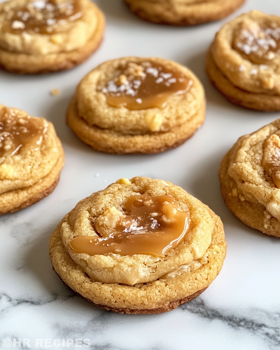 Serving of salted caramel cheesecake cookies on plate