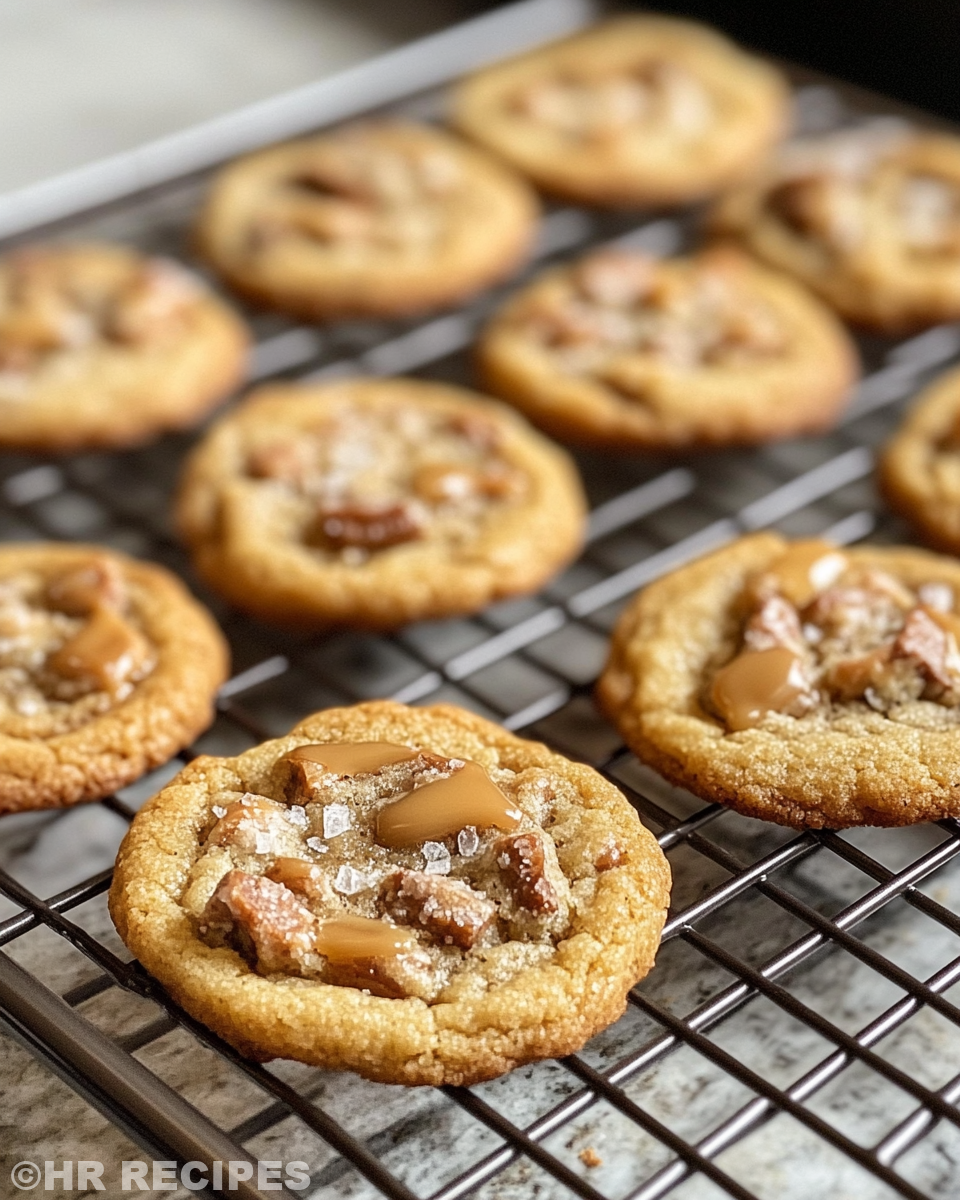 Serving plate with freshly baked salted caramel chocolate chip cookies