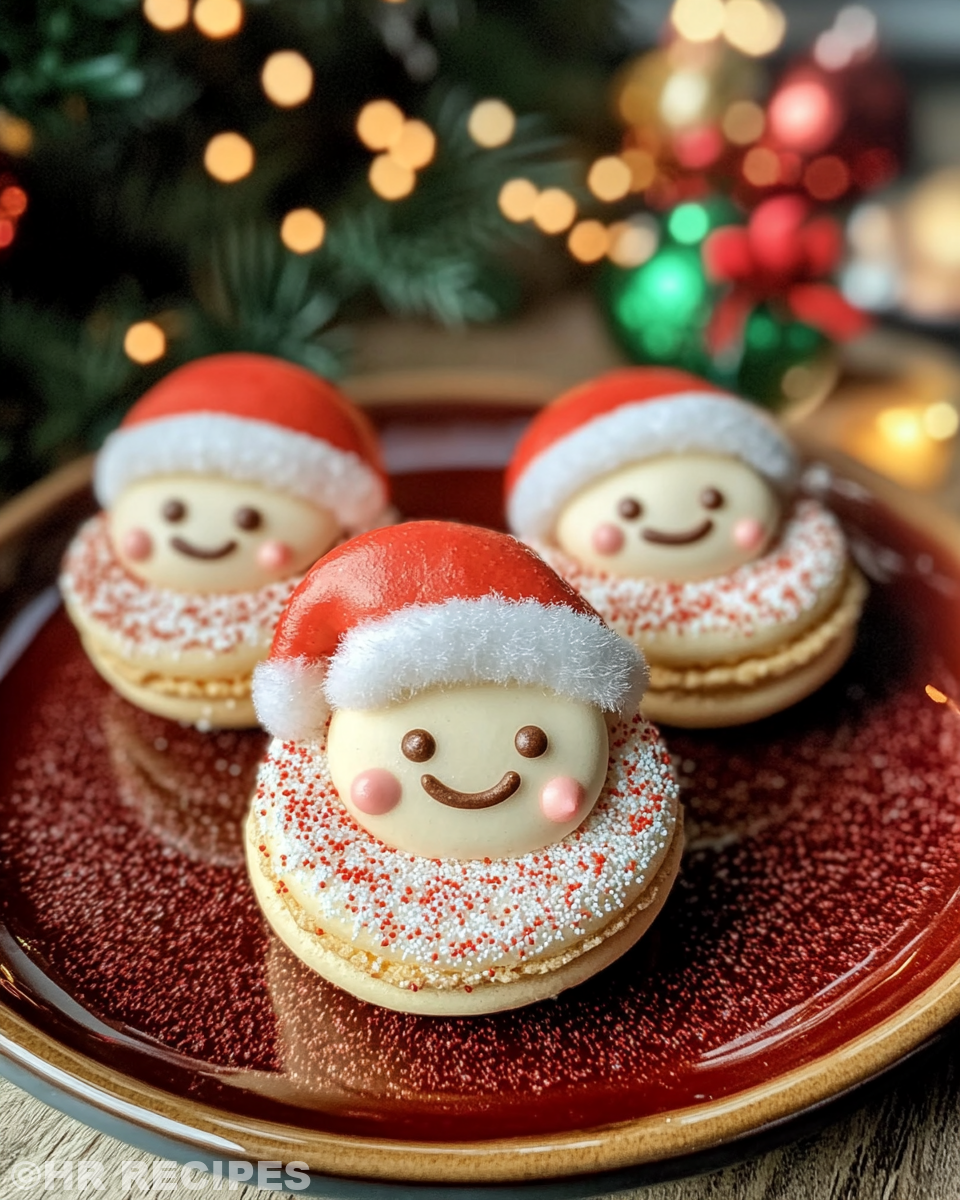 Bright and festive decorated Santa macarons ready to serve