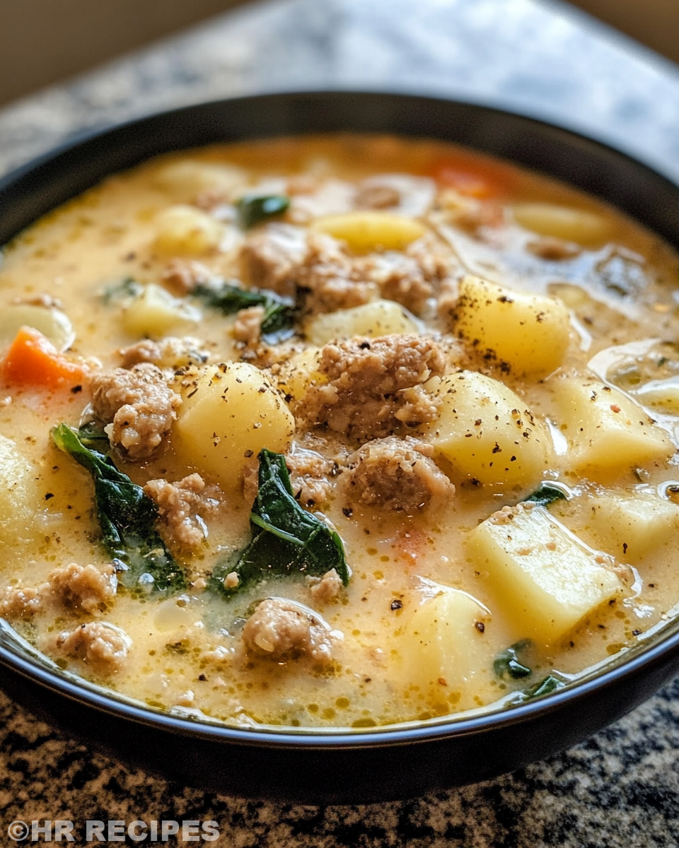 Serving bowl of creamy sausage potato soup with bread ready to eat
