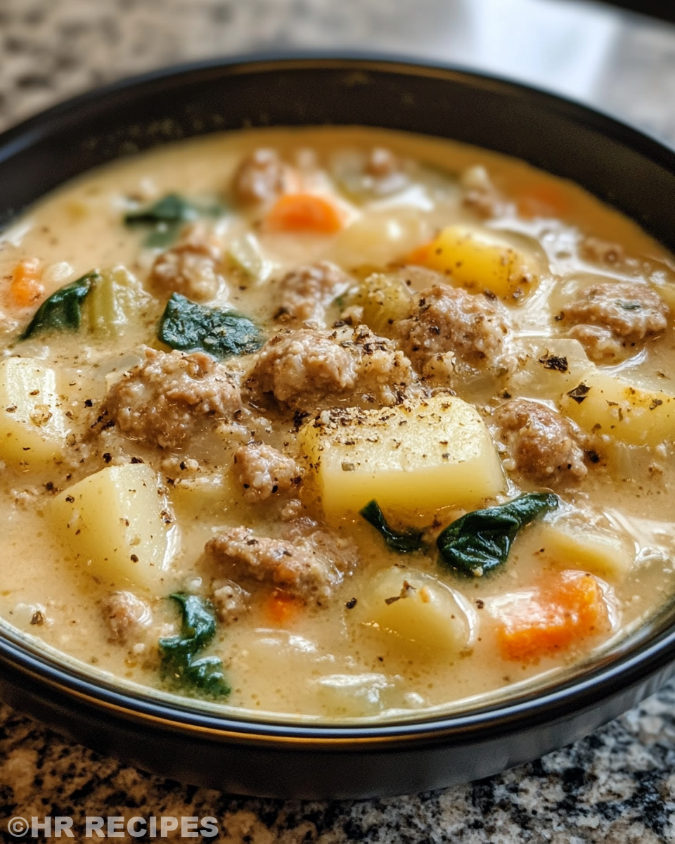 Pressure cooker with sausage potato soup steaming and hissing