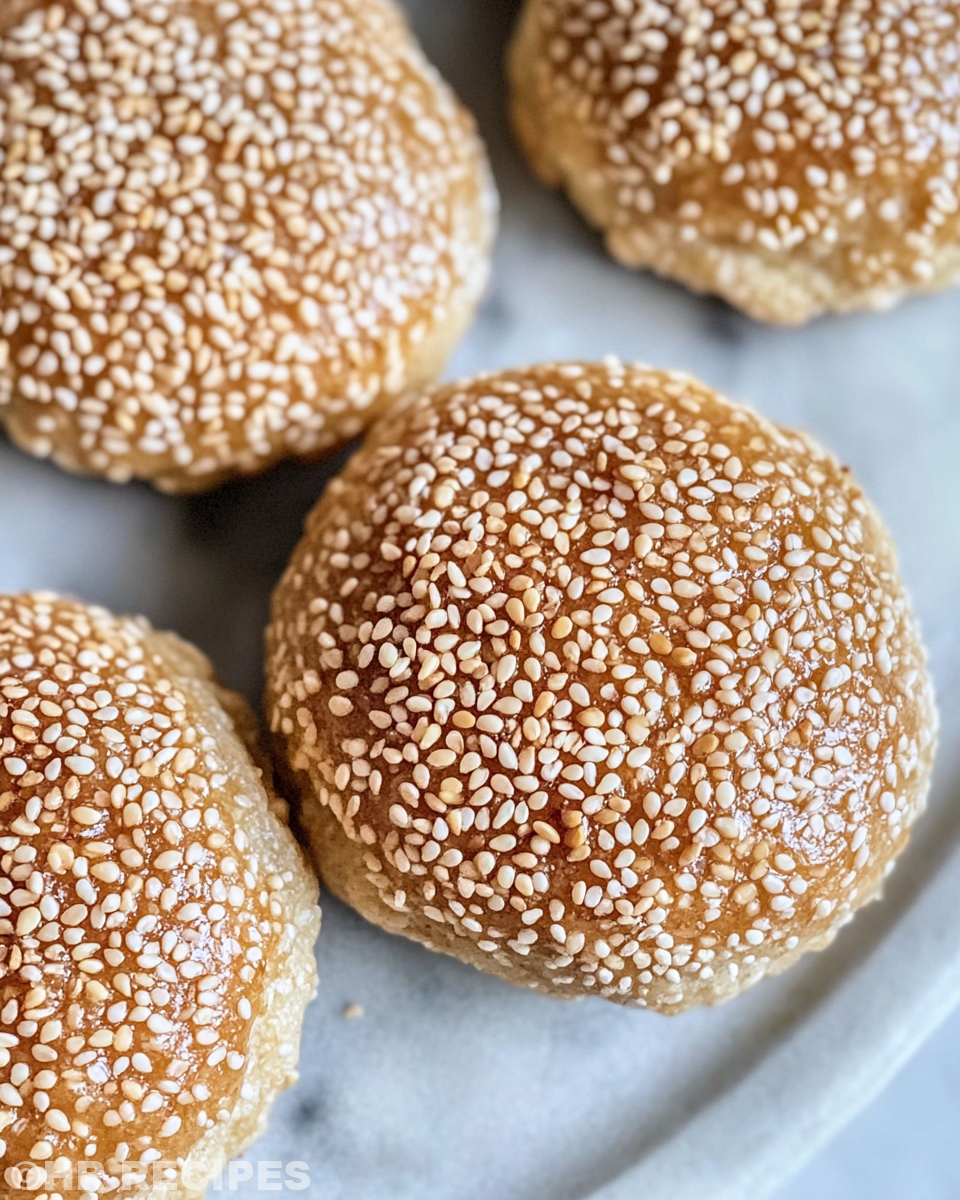 Finished honey sesame cookies on a cooling rack, golden and chewy