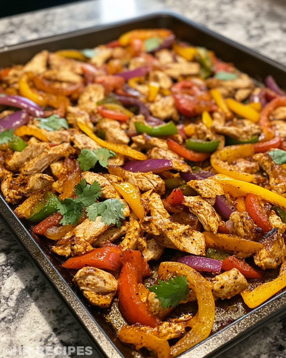 Raw sliced chicken and seasoned bell peppers on a sheet pan for fajita recipe