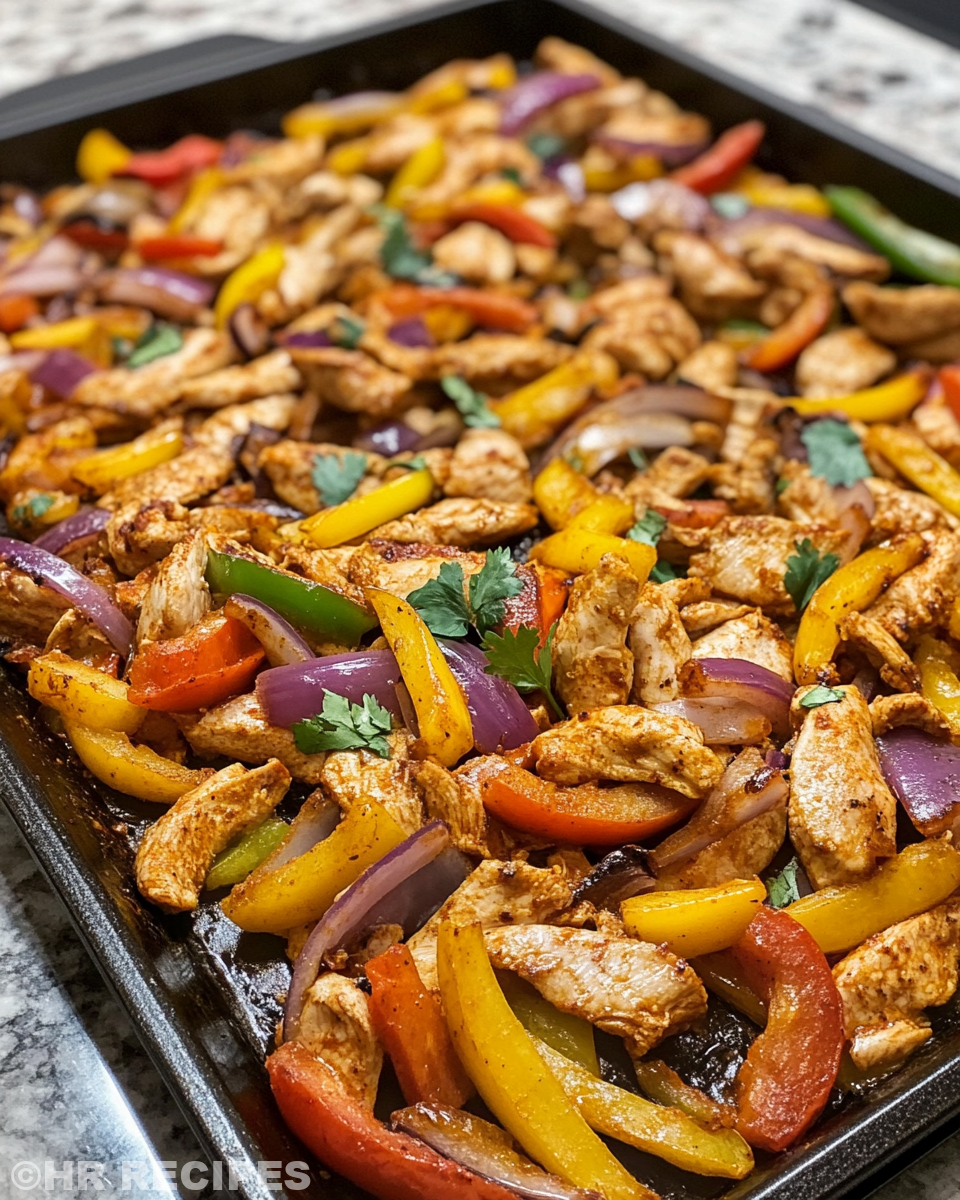 Served sheet pan chicken fajitas on a plate with tortillas and lime
