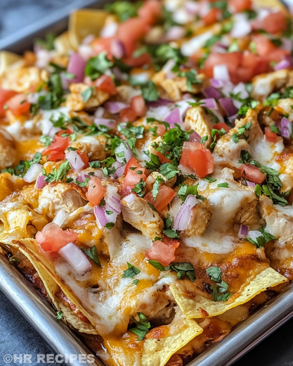 Served chicken nachos topped with sour cream, jalapenos and guacamole