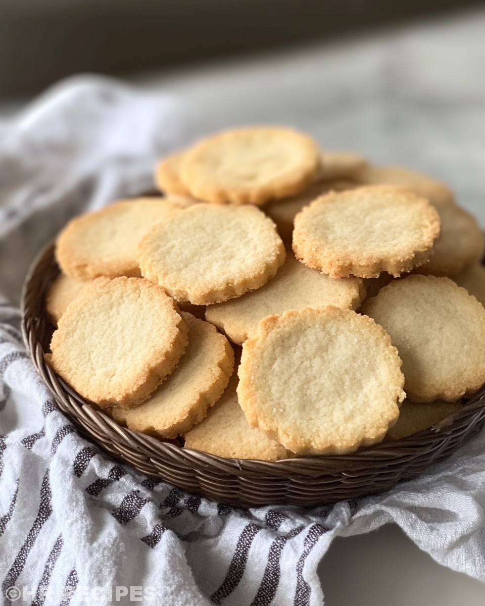 Ingredients for shortbread cookies laid out on counter including butter, powdered sugar, vanilla, and flour