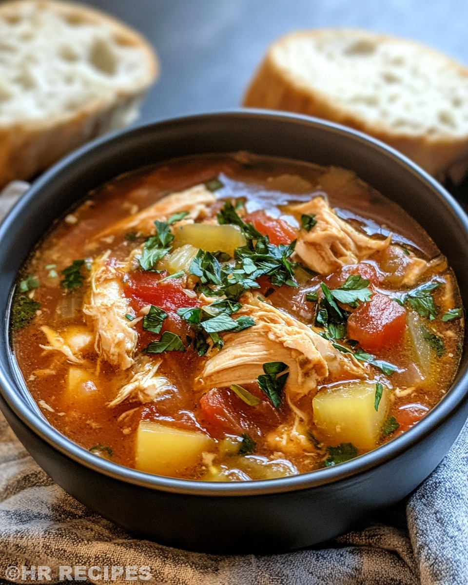 Serving of Sicilian chicken soup in bowl with fresh parsley garnish