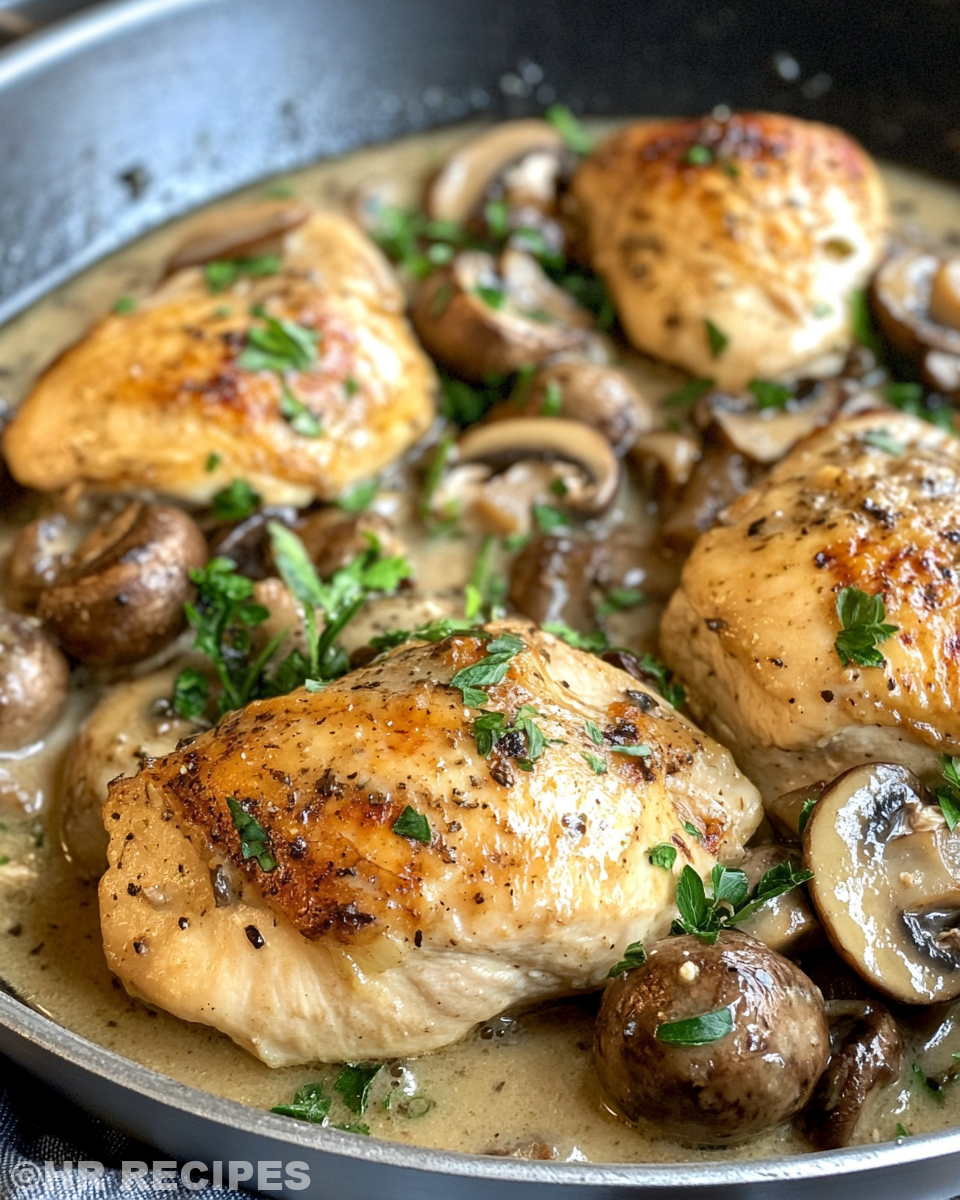 Ingredients for skillet chicken and mushroom wine sauce on cutting board