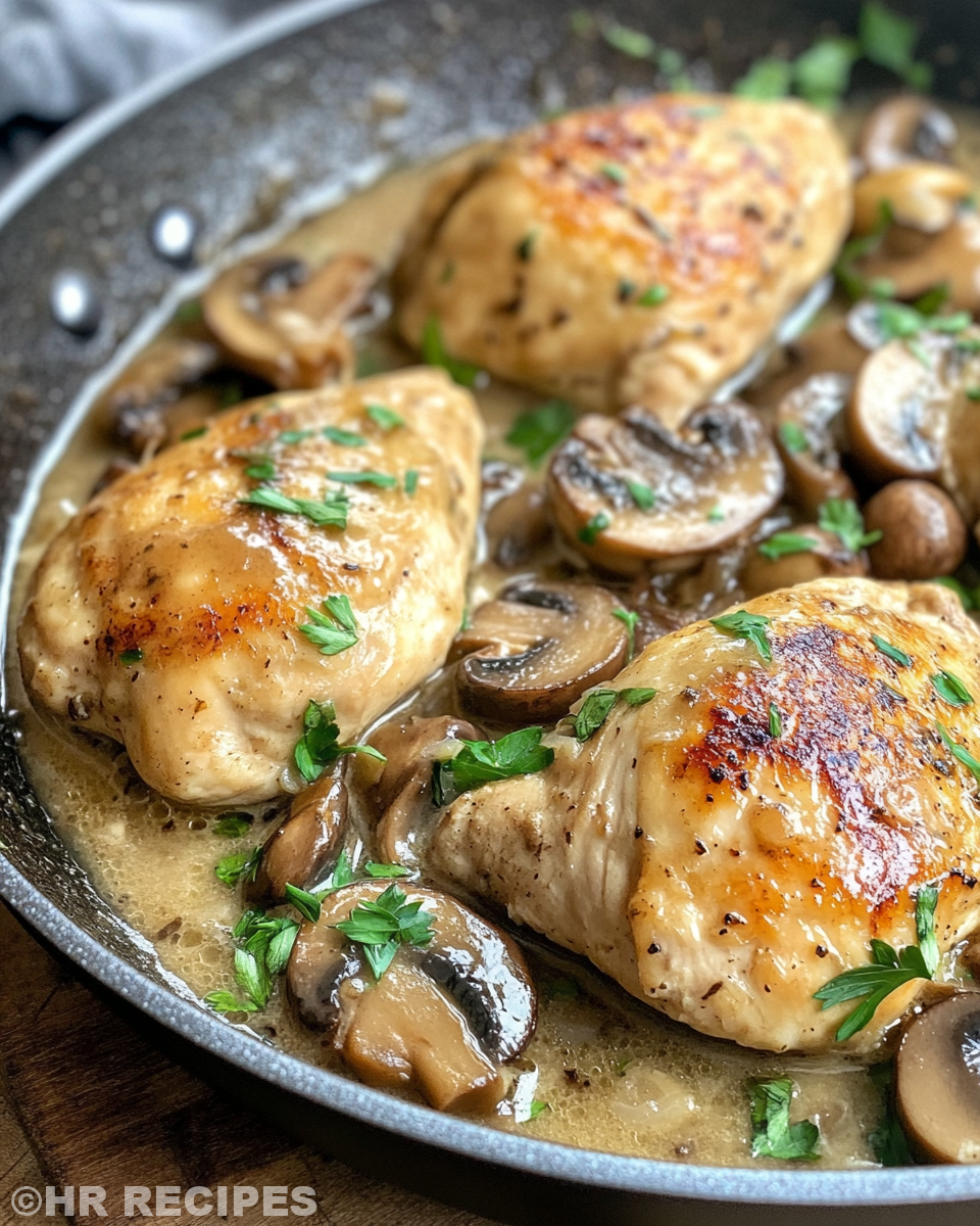 Finished skillet chicken with mushroom wine sauce plated and garnished with parsley