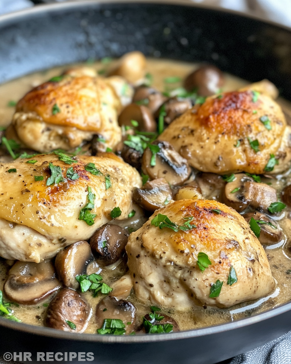 Pressure cooker skillet chicken with mushroom wine sauce sizzling