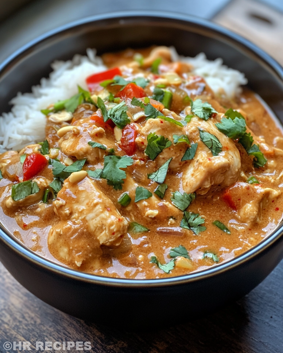 Served slow cooked Thai peanut chicken with rice and garnishes