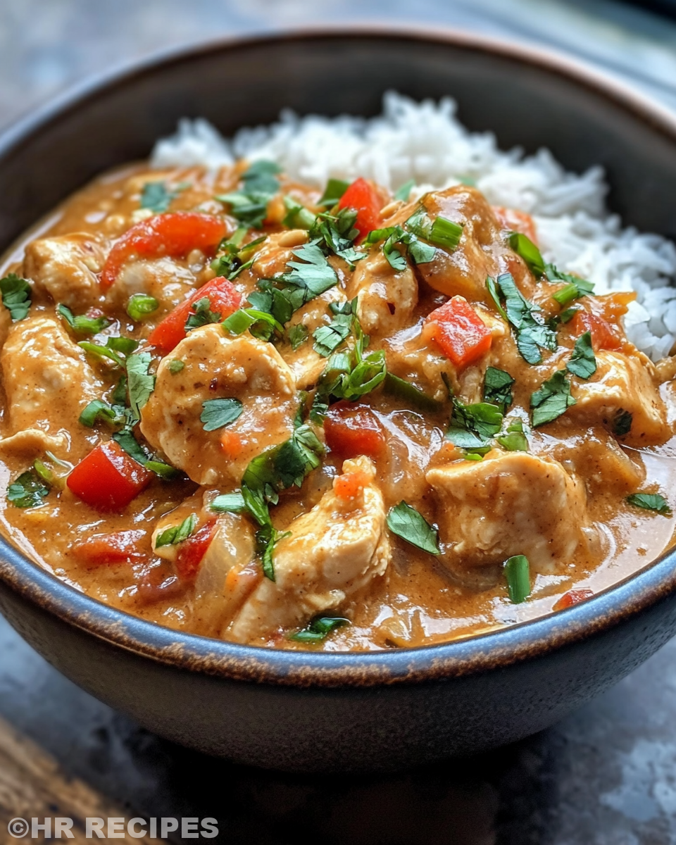 Steaming slow cooked Thai peanut chicken in slow cooker
